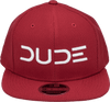 Front view of the Crimson & White, Mesh Snapback hat with DUDE logo