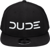 Front view of the Black & White, Mesh Snapback with DUDE logo