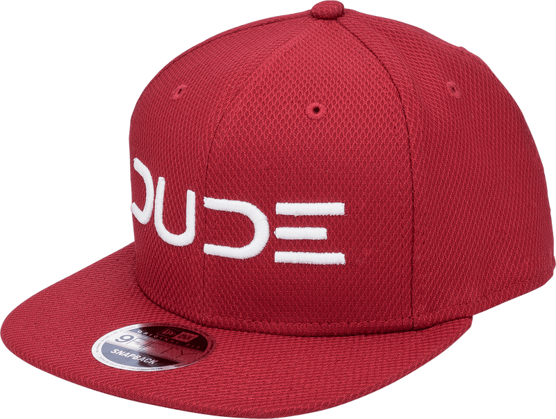 Side view of the Crimson & White, Mesh Snapback hat with DUDE logo