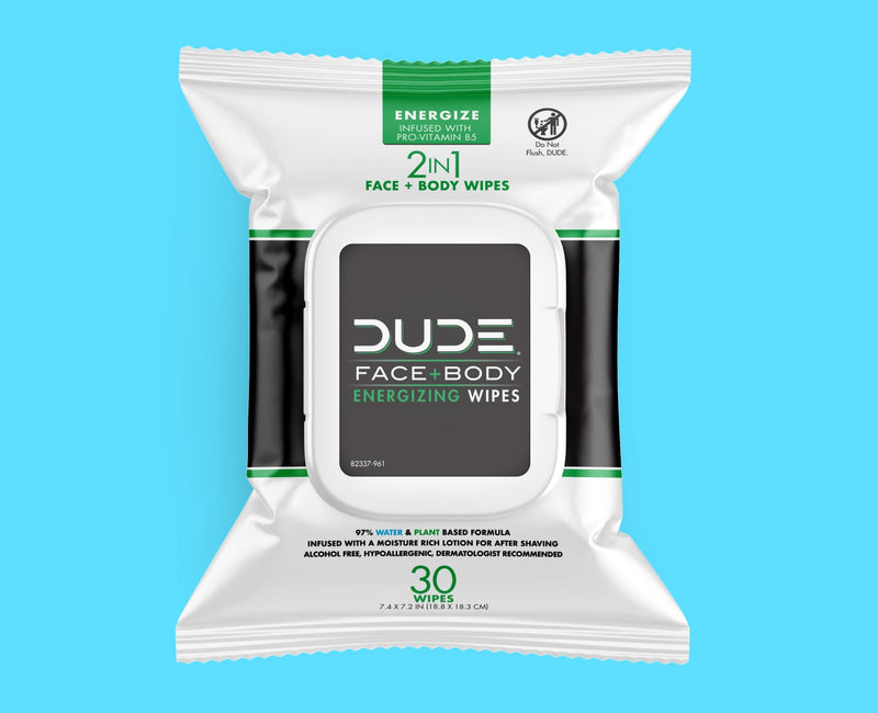 Package of the DUDE Face and Body Energizing Wipes