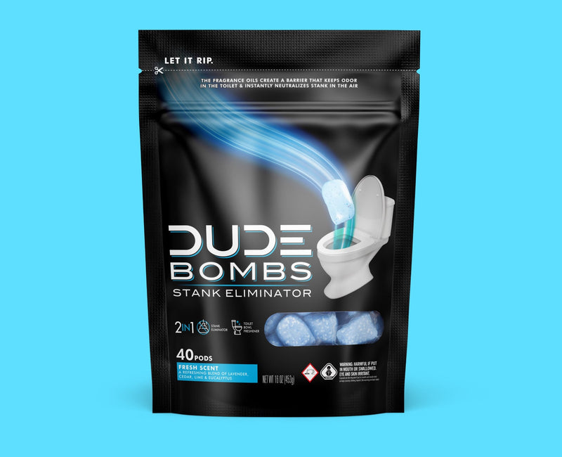 Packaging for the DUDE Bombs product containing 40 pods. Tagline: The fragrance oils create a barrier that keeps odor in the toilet and instantly neutralizes stank in the air