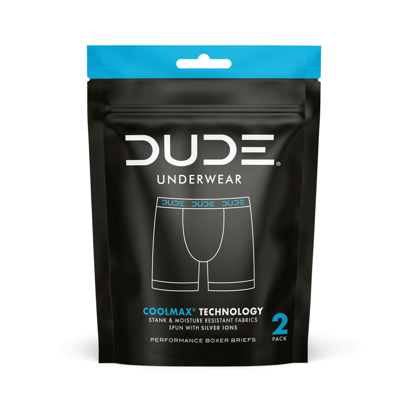 Packaging of the DUDE Underwear 2-pack with COOLMAX Technology