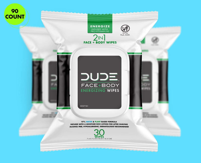 3 overlaid DUDE Face + Body Energizing Wipes package. Contains 30 two-in-one face and body wipes