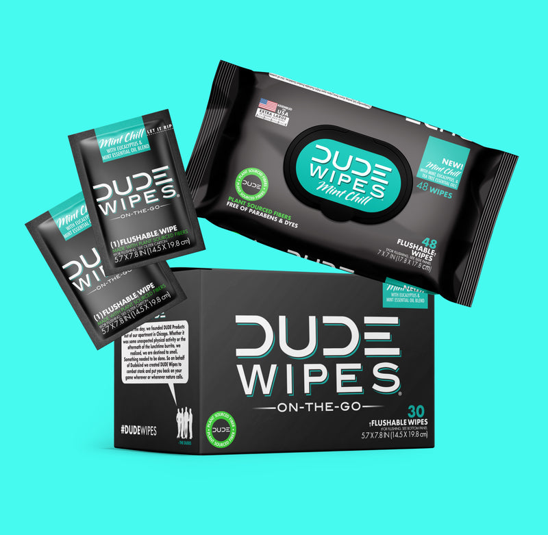 DUDE Wipes Mint Chill Starter pack graphic. Shows two single packs, one 48ct pack, one DUDE Wipes on-the-go 30ct pack