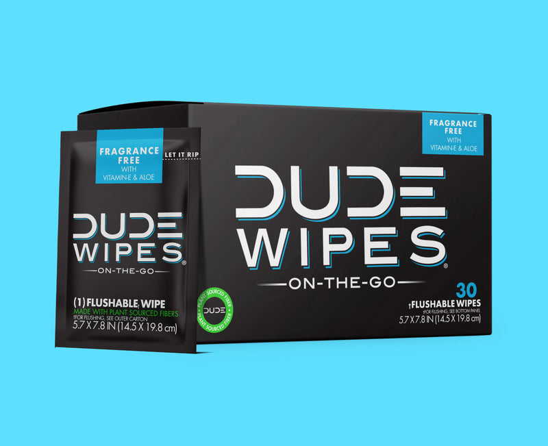 Box of 30 individually wrapped Fragrance Free DUDE Wipes on-the-go