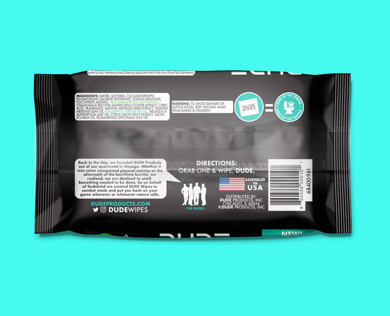 Back of the DUDE Wipes Mint Chill package of 48 wipes